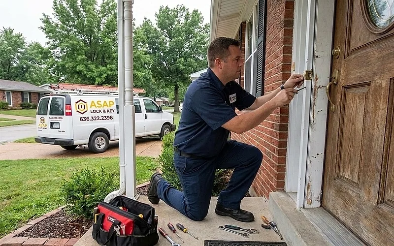Locksmith in navy uniform kneeling at brick home entrance working on door lock.