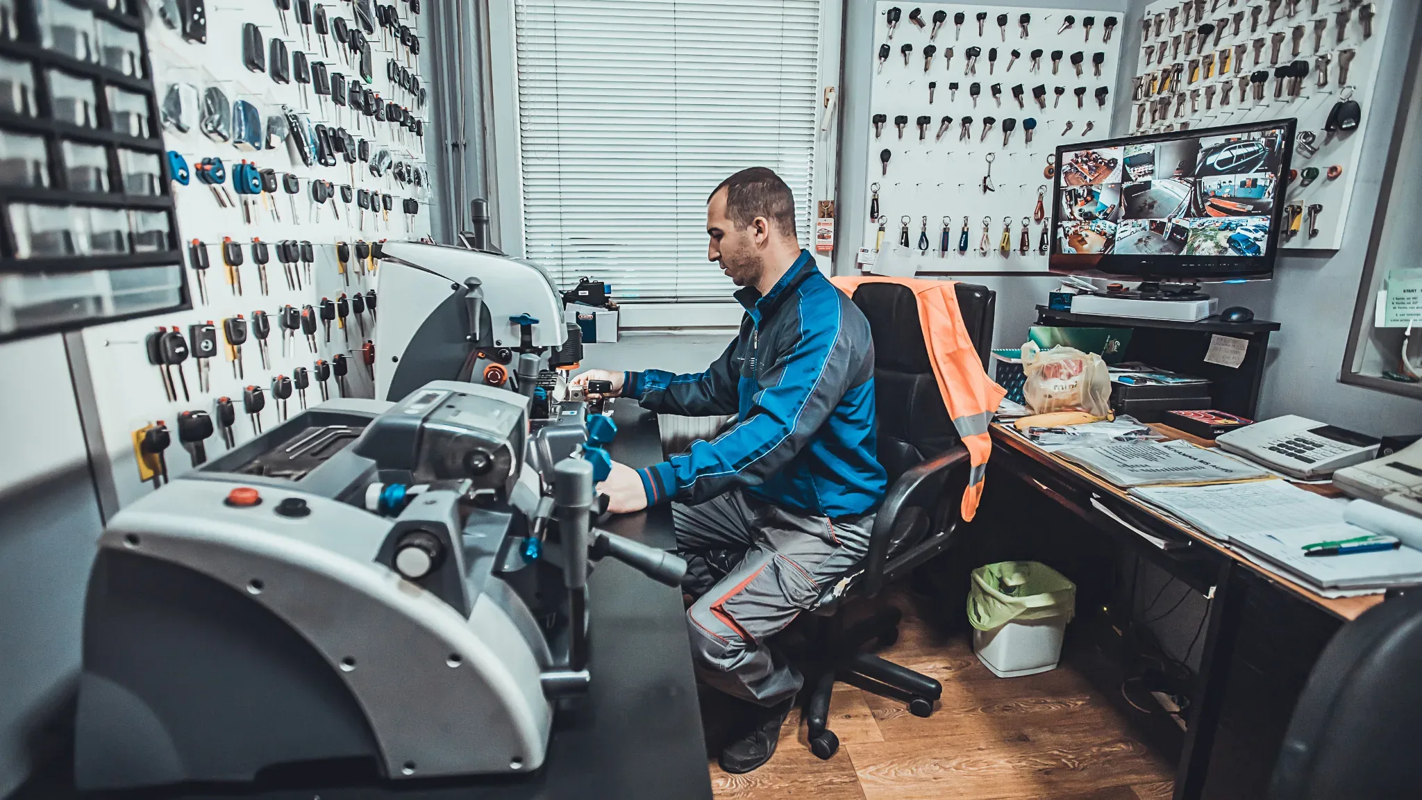 A man in a blue jacket sits at a key-cutting machine, operating its controls while working on a key. An orange safety vest ha